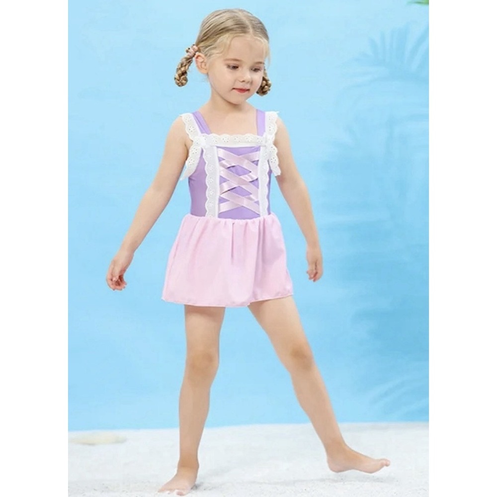 Girls Rapunzel Princess Skirted Swimsuit Purple Pink Lace Trim Size 5/6